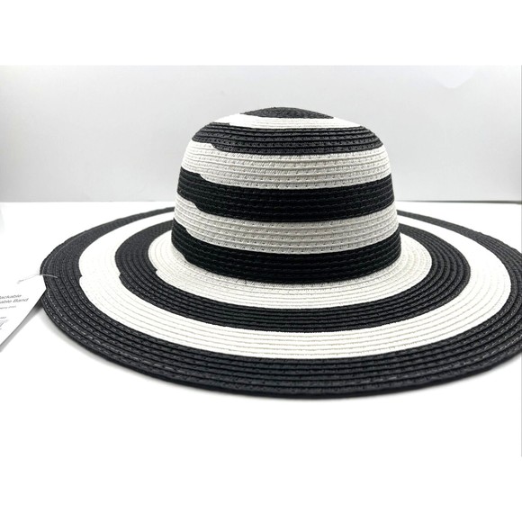 Floppy Sun Hat Womens One Size White/Black Straw Wide Brim - Picture 2 of 8